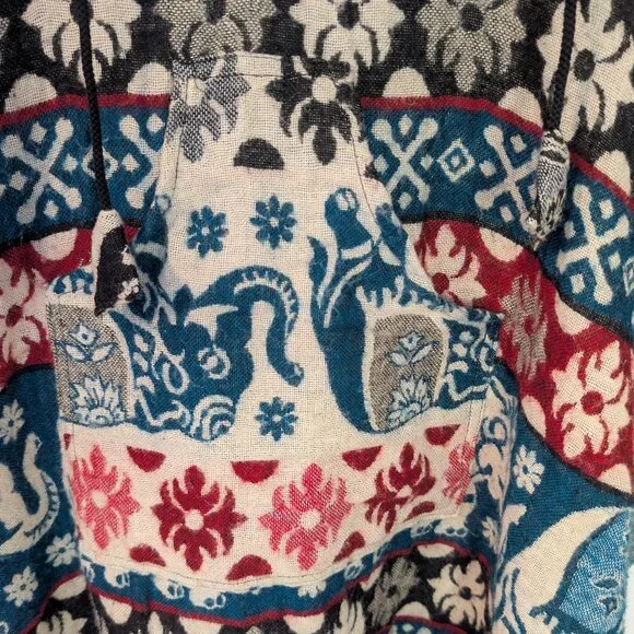 Elephant Print Woven Hooded Boho Poncho | Festival Artwear Fringe Beach Layer - Picture 8 of 14